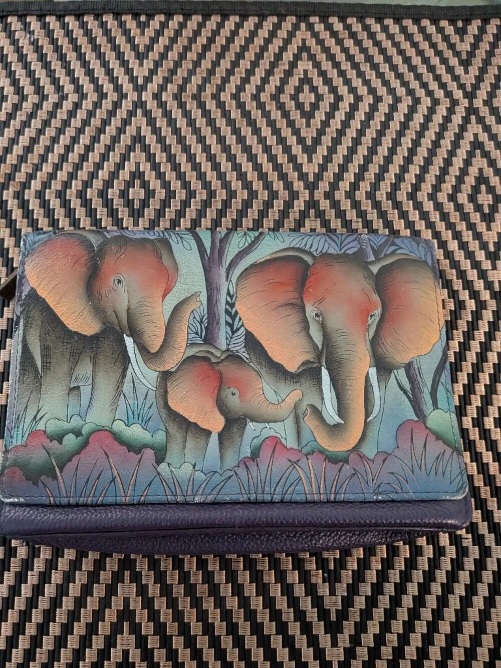 Anuschka Hand-Painted Leather Elephant Family Crossbody Wallet Clutch Purple